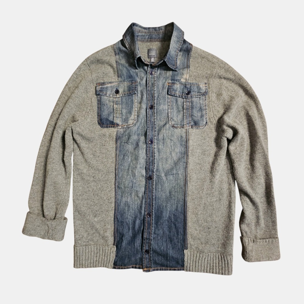 GRAY Saks Fifth Avenue M Denim Knit Shacket Sweater Button Front Cotton Cashmere